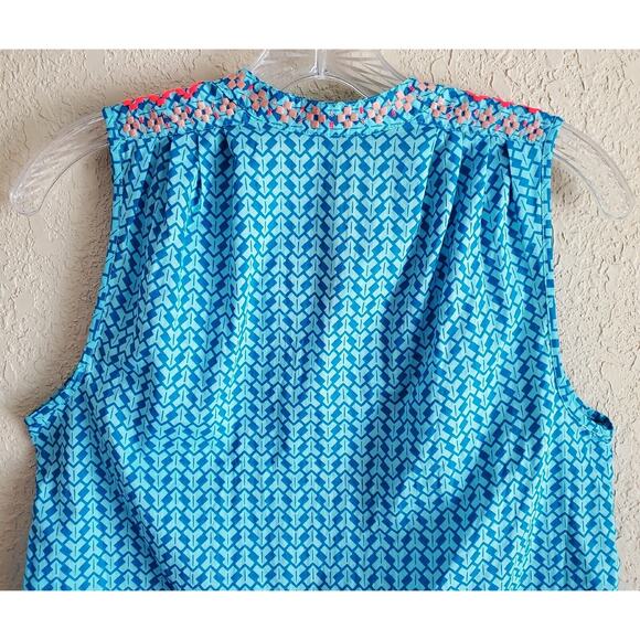 J CREW Women 2 Embroidered Top Sleeveless Tassel Tie Front Keyhole Turquoise 34" - Picture 6 of 7